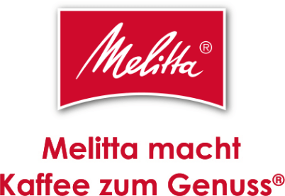 Melitta  Logo in Rot mit weißer Schrift und dem Zusatz Melitta macht Kaffee zum Genuss