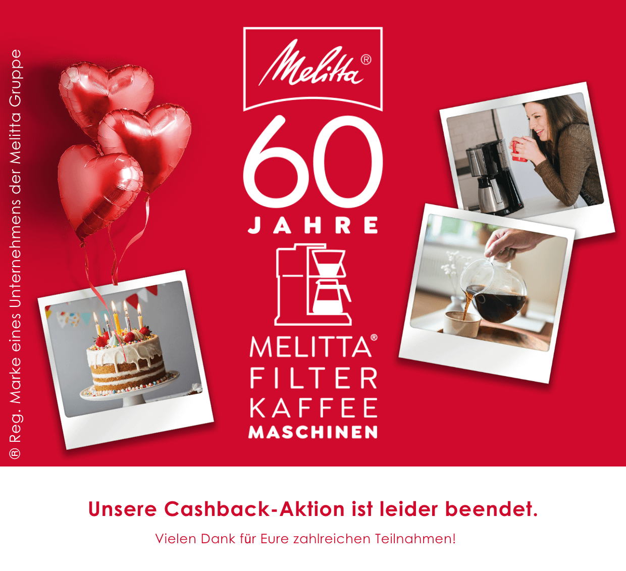 60 Jahre Melitta Filter Kaffeemaschinen. Drei Polaroidbilder, die eine Kaffee trinkende Frau, eine Filterkaffeekanne und eine Geburtstagstorte mit Kerzen zeigen.