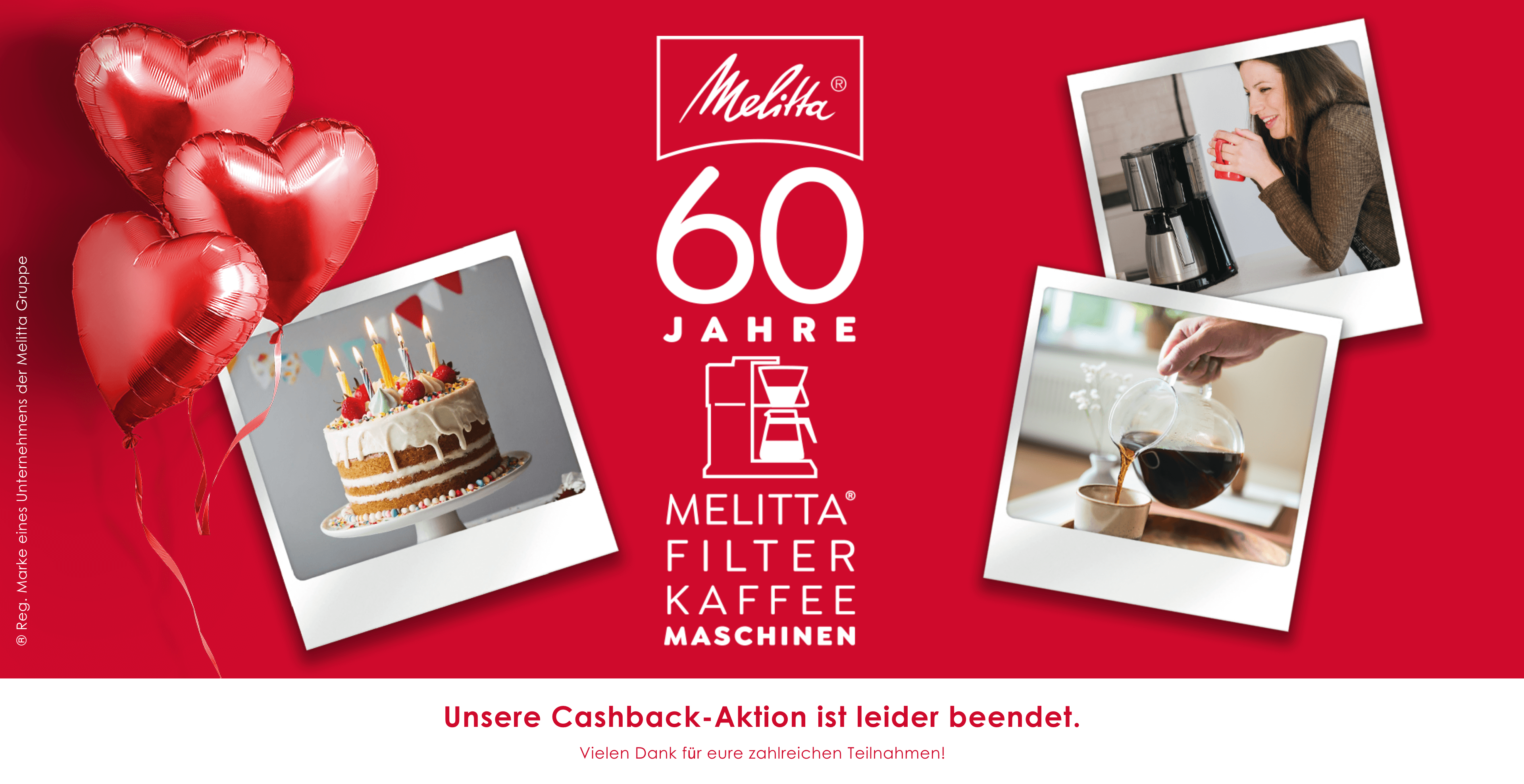60 Jahre Melitta Filter Kaffeemaschinen. Drei Polaroidbilder, die eine Kaffee trinkende Frau, eine Filterkaffeekanne und eine Geburtstagstorte mit Kerzen zeigen.