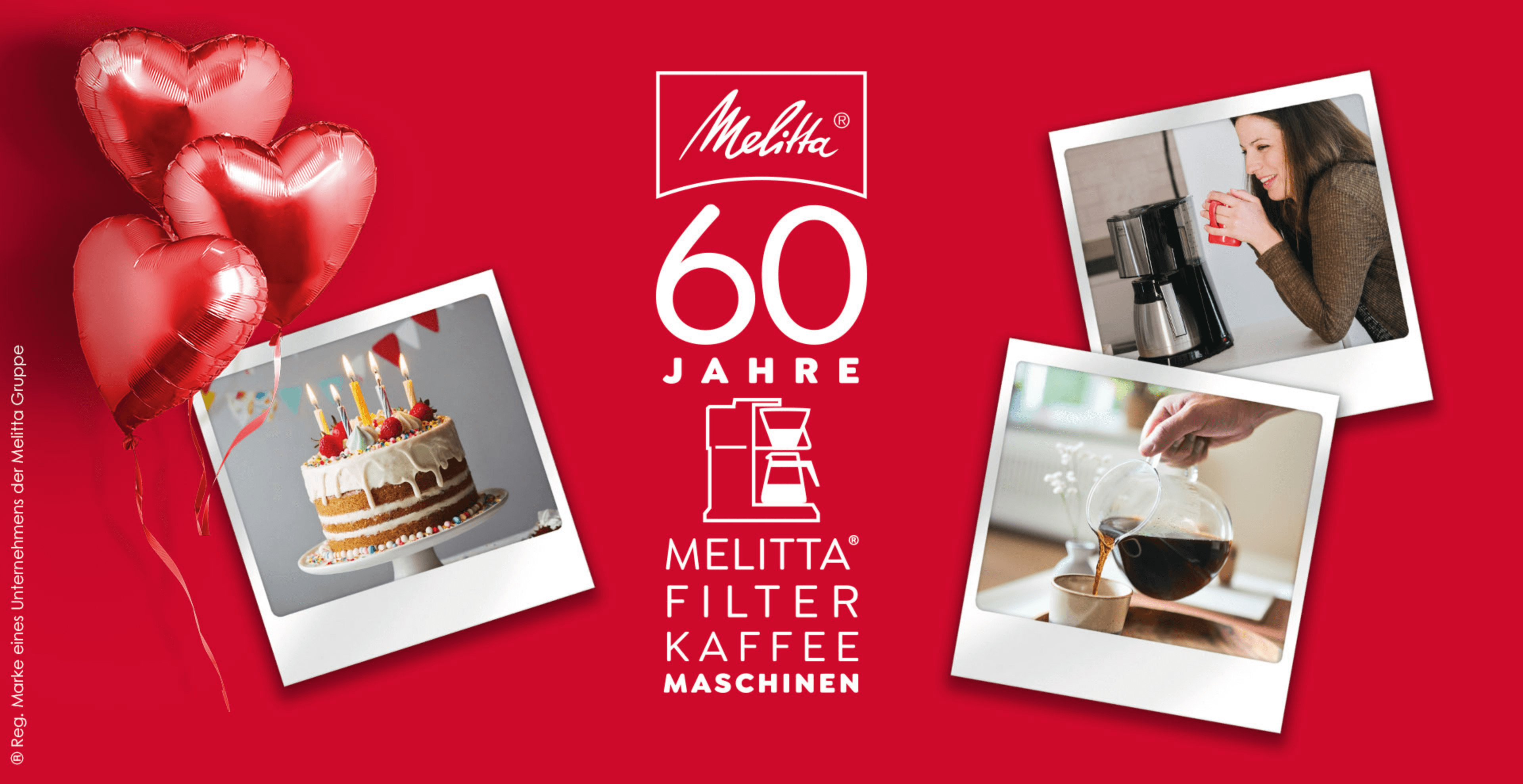 60 Jahre Melitta Filter Kaffeemaschinen. Drei Polaroidbilder, die eine Kaffee trinkende Frau, eine Filterkaffeekanne und eine Geburtstagstorte mit Kerzen zeigen.